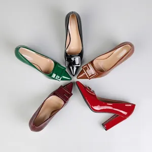 Detailed view of pointed-toe block heel pumps in five elegant patent colors.