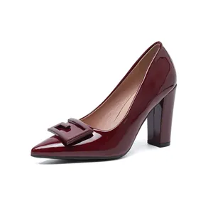 Elegant dark red patent leather pointed toe block heel pumps for women for formal events