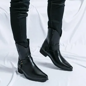 Stylish black men's Western cowboy boots with pointed toe and harness buckle detail