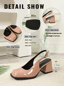 Detailansicht der nude-farbenen Blockabsatz-Pumps aus Lackleder mit 6 cm hohem Absatz