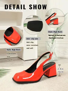 Nahaufnahme Details von roten Lackleder-Pumps mit quadratischer Zehenpartie und Blockabsatz