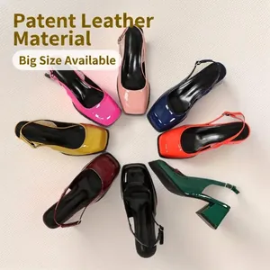 Damen Lackleder Mary Jane Schuhe Eckige Zehenpartie Blockabsatz Slingback Pumps Glänzende Schnalle Riemen High Heels Schuhe