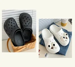 Detailed view of black and white breathable EVA clogs featuring decorative eyes and anti-slip soles