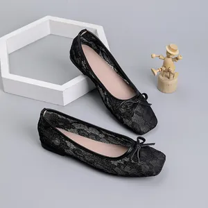 Elegant black lace mesh ballet flats with square toe and bow detail, high-quality view