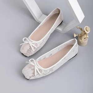 Elegant white lace mesh ballet flats with square toe and delicate decorative bow detail
