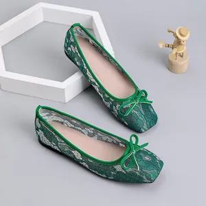 Elegant green lace mesh ballet flats featuring square toe design and bow knot detail
