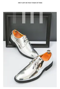 Detailed close-up of silver metallic shiny pointed toe men's oxford formal dress shoes