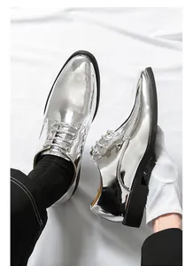 Glossy metallic silver men's pointed toe dress shoes with elegant mirror finish