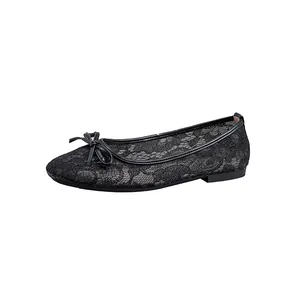 Elegant black lace mesh ballet flats featuring a delicate bow detail and square toe design