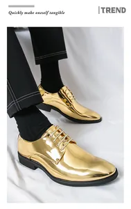 Close-up of men's shiny gold pointed-toe formal dress shoes for performance