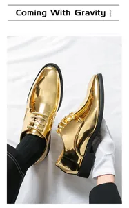 Macro view showing the metallic gold mirror finish of these pointed toe dress shoes