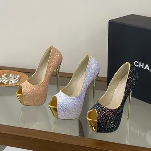 Elegant glitter platform peep toe pumps with sleek stiletto heels in multiple colors