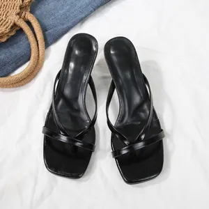 Elegant black thong high heel sandals featuring a modern square toe and thin straps design