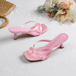 Elegant pink satin thong sandals with kitten heel and trendy square toe for women