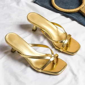 Elegant metallic gold square toe kitten heel flip flop sandals for summer fashion