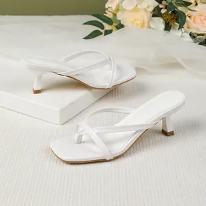 Elegant side view of white square toe kitten heel thong sandals for women's summer