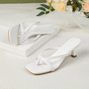 Elegant white thong high-heel sandals with square toe and slim kitten heel design