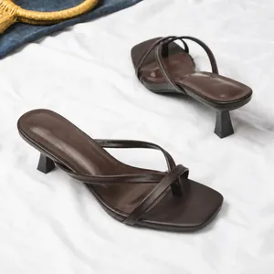 Elegant dark brown women's square-toe thong sandals with kitten heels and thin straps