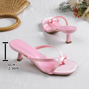 Elegant pink satin kitten heel thong sandals with square toe for women summer fashion