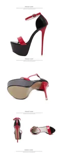 Detailed multi-angle views of red and black high platform stiletto sandals with ankle straps