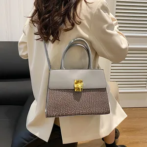 Elegant retro gray crossbody square bag with crocodile texture and golden buckle