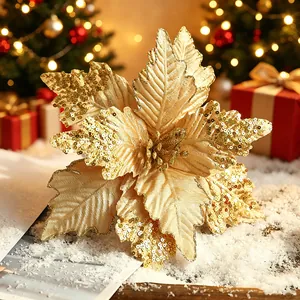 Fleur de Noël Artificielle en Tissu à Paillettes Poinsettia pour Décoration de Sapin de Noël Fête Maison Mariage Ornement Festif Or Rouge Argent