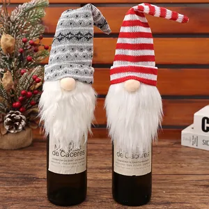 Funda para Botella de Vino de Navidad Gnomo Viejo Sin Rostro Tejido de Punto Con Piel Artificial Sombrero de Bosque Decoración de Mesa Fiesta