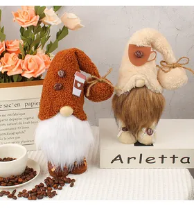 Pair of plush coffee-themed gnomes with coffee bean details and cozy faux fur beards