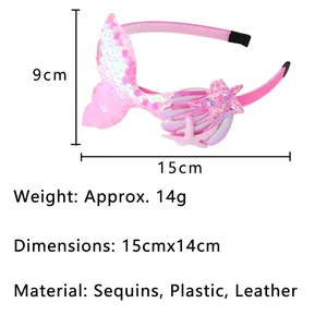 Close-up detail showing mermaid tail headband dimensions with pink sequins and starfish decor