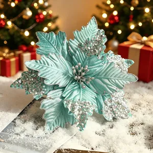 Fleur de Noël artificielle en velours bleu clair de 25 cm avec paillettes argentées