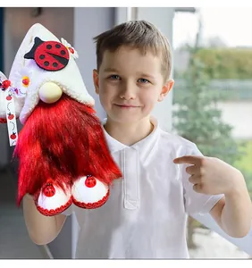 Happy boy holding a festive plush gnome with red beard and ladybug details.