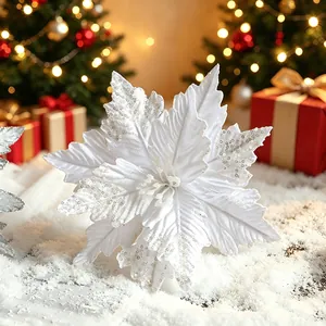 Fleur de poinsettia de Noël artificielle en velours blanc avec paillettes argentées