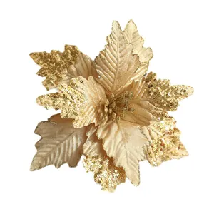 Grande fleur de Noël artificielle dorée de 25 cm avec paillettes pour décoration