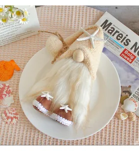 Nautical beach themed plush gnome with starfish detail and long white beard