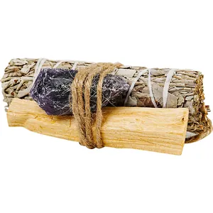 Natural white sage smudge bundle with Palo Santo stick and Amethyst crystal cluster set