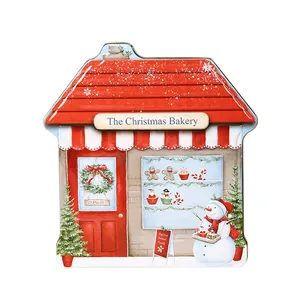 House-shaped Christmas tin box with bakery illustration for holiday treats and gifts