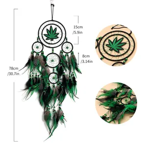 Grand attrape-rêves vert fait main avec six anneaux et plumes pour décoration murale 78cm