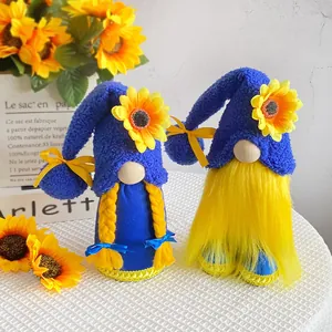 Pair of blue and yellow plush gnome dolls with sunflowers for festive home decor