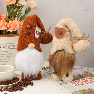 Handmade coffee themed plush gnomes with bean buttons and cups for festive desk decor
