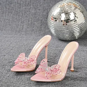 Elegant pink high heel sandals with rhinestone butterfly and transparent PVC strap