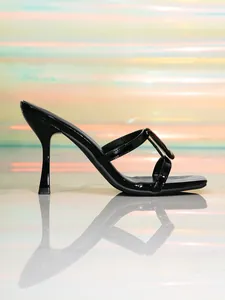 Elegant black patent leather high-heel sandals with square toe and buckle detail