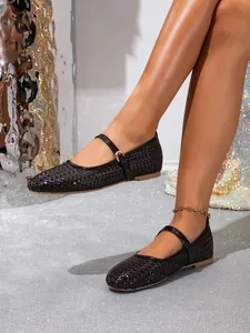 Schwarze gewebte Mary Jane Ballerinas mit atmungsaktivem Lochmuster für den Alltag
