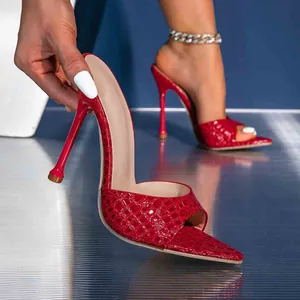 Red crocodile pattern high heel sandals with peep toe and stiletto heel fashion design