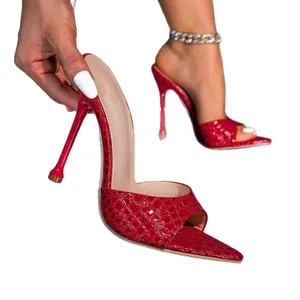 Stylish red snakeskin peep-toe high-heel sandals with stiletto heel for women