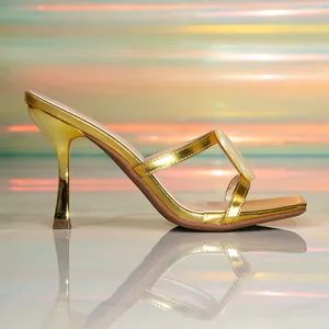 Elegant gold square toe high heel mules with shell detail ornament for women