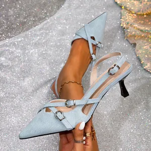 Zapatos de Mujer Vintage Francés Denim Punta Estrecha Slingback Sandalias Tacones Aguja Azul Claro Zapatos de Vestir Hebilla