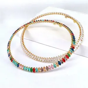 High-detail view of luxury colorful marquise zircon choker necklaces with gold plating.