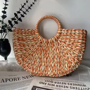 Damen Gewebte Stroh Handtasche Farbblock Halbkreis Mond Strandtasche Papierseil Sommerurlaub Freizeit Tote Für Damen