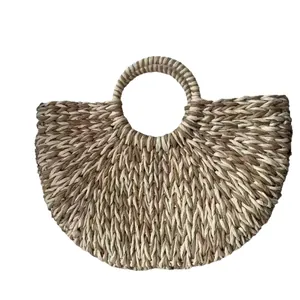 Böhmische zweifarbige halbkreisförmige Strandtasche aus gewebtem Papierseil mit Griff