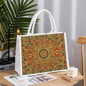 Sac fourre-tout élégant en lin style Dunhuang avec motif floral et anses en corde
